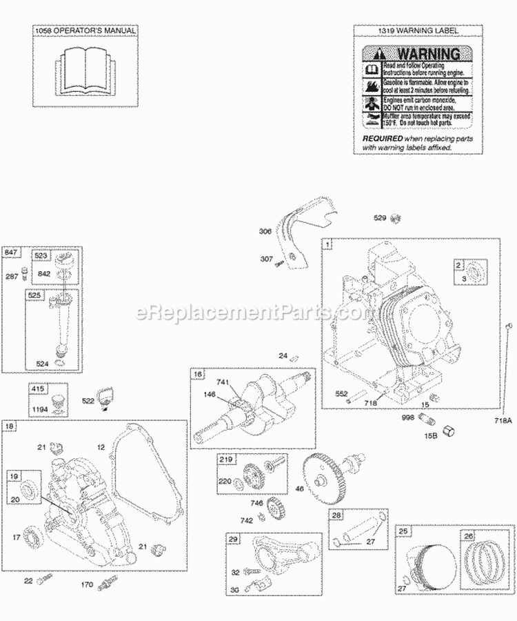 Camshaft Crankcase Cover Crankshaft Cylinder Lubrication OperatorS Manual PistonRingsConnecting Rod Warning Label Diagram and Parts List for 204412-0156-E1  Briggs and Stratton Engine